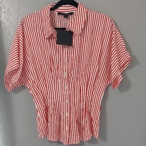 Marc New York Red and White Vertical-Striped Short Sleeve Button Small Shirt